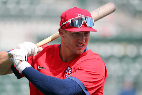 Mar 10, 2020; Fort Myers, Florida, USA; St. Louis Cardinals designated hitter Andrew Knizner (7) works out prior to the game against the Boston Red Sox at JetBlue Park. Mandatory Credit: Kim Klement-USA TODAY Sports