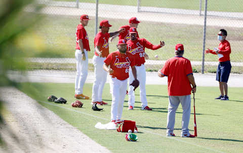 Feb 25, 2021; St. Louis Cardinals pitchers stretch during spring training workouts at Roger Dean Stadium in Jupiter, Florida, USA; Mandatory Credit: Rhona Wise-USA TODAY Sports