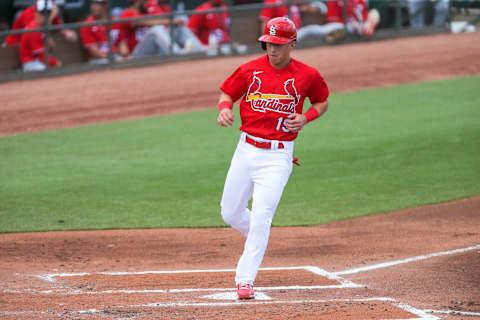 Feb 28, 2021; Jupiter, Florida, USA; St. Louis Cardinals third baseman Tommy Edman (19) scores against the Washington Nationals during the first inning at Roger Dean Chevrolet Stadium. Mandatory Credit: Sam Navarro-USA TODAY Sports