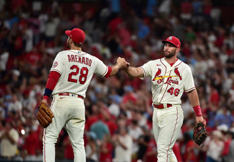 Paul Goldschmidt (46) celebrates with third baseman Nolan Arenado (28) after the Cardinals defeated the San Francisco Giants at Busch Stadium. Mandatory Credit: Jeff Curry-USA TODAY Sports