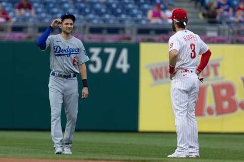 Philadelphia Phillies right fielder Bryce Harper (3) talks with Los Angeles Dodgers shortstop Trea Turner (6) before game. Mandatory Credit: Bill Streicher-USA TODAY Sports