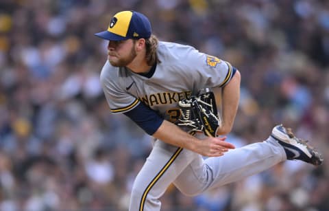 May 24, 2022; San Diego, California, USA; Milwaukee Brewers starting pitcher Corbin Burnes (39) throws a pitch against the San Diego Padres during the first inning at Petco Park. Mandatory Credit: Orlando Ramirez-USA TODAY Sports