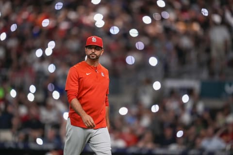 St. Louis Cardinals manager Oliver Marmol (37) on the field making a pitching change against the Atlanta Braves. Mandatory Credit: Dale Zanine-USA TODAY Sports