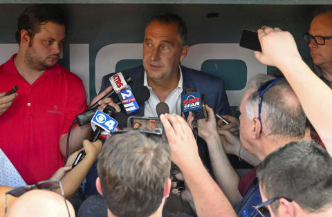 St. Louis Cardinals president of baseball operations John Mozeliak speaks with the media prior to a game. Mandatory Credit: Jeff Curry-USA TODAY Sports