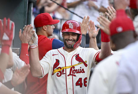 Sep 3, 2022; St. Louis, Missouri, USA; St. Louis Cardinals first baseman Paul Goldschmidt (46) celebrates with teammates after hitting a two run home run against the Chicago Cubs during the first inning at Busch Stadium. Mandatory Credit: Jeff Curry-USA TODAY Sports