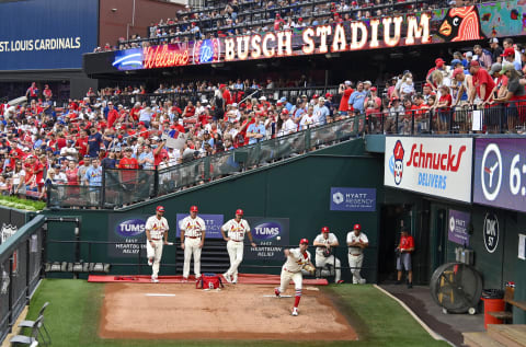 Sep 3, 2022; St. Louis, Missouri, USA; St. Louis Cardinals starting pitcher Adam Wainwright (50) warms up in the bullpen.  Mandatory Credit: Jeff Curry-USA TODAY Sports