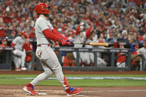 Philadelphia Phillies designated hitter Bryce Harper (3) watches his home run in the second inning against the St. Louis Cardinals during game two of the Wild Card series. Mandatory Credit: Jeff Curry-USA TODAY Sports