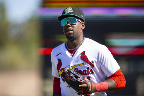 Oct 22, 2022; Phoenix, Arizona, USA; St Louis Cardinals outfielder Jordan Walker plays for the Salt River Rafters during an Arizona Fall League baseball game at Phoenix Municipal Stadium. Mandatory Credit: Mark J. Rebilas-USA TODAY Sports