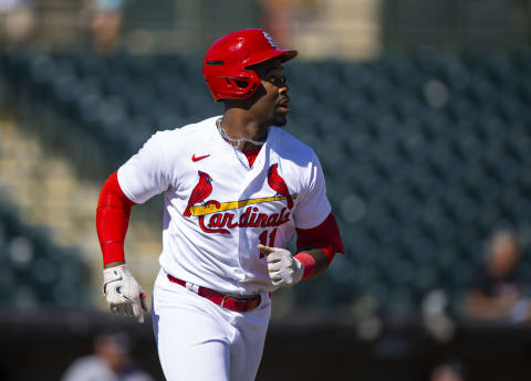 Oct 22, 2022; Phoenix, Arizona, USA; St Louis Cardinals outfielder Jordan Walker plays for the Salt River Rafters during an Arizona Fall League baseball game at Phoenix Municipal Stadium. Mandatory Credit: Mark J. Rebilas-USA TODAY Sports