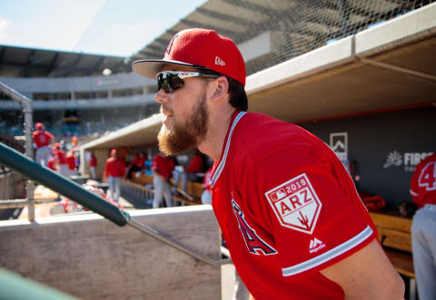 Feb 27, 2019; Salt River Pima-Maricopa, AZ, USA; Los Angeles Angels outfielder Brandon Marsh against the Colorado Rockies during a spring training game at Salt River Fields at Talking Stick. Mandatory Credit: Mark J. Rebilas-USA TODAY Sports