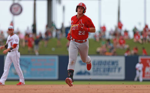 Mar 16, 2019; West Palm Beach, FL, USA; St. Louis Cardinals third baseman Nolan Gorman (22) runs the bases after hitting a solo home run in the seventh inning of a spring training game against the Washington Nationals at FITTEAM Ballpark of the Palm Beaches. Mandatory Credit: Sam Navarro-USA TODAY Sports