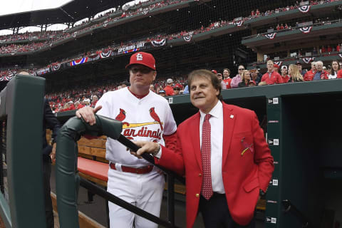 Apr 5, 2019; St. Louis, MO, USA; St. Louis Cardinals manager Mike Shildt (8) talks with former manager Tony LaRussa prior to the Cardinals home opener against the San Diego Padres at Busch Stadium. Mandatory Credit: Jeff Curry-USA TODAY Sports