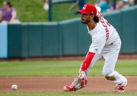 Kramer Robertson fields the ball during the Springfield Cardinals 9-2 loss to the Frisco Rough Riders at Hammons Field on Monday, April 29, 2019.Cardinals16