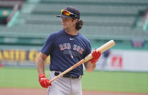 Jul 8, 2020; Boston, Massachusetts, United States; Boston Red Sox left fielder Andrew Benintendi (16) on the field during the Boston Red Sox Summer Camp at Fenway Park. Mandatory Credit: David Butler II-USA TODAY Sports