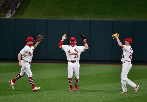 Sep 8, 2020; St. Louis, Missouri, USA; St. Louis Cardinals center fielder Harrison Bader (48) celebrates with left fielder Tyler O’Neill (41) and right fielder Lane Thomas (35) after the Cardinals defeated the Minnesota Twins at Busch Stadium. Mandatory Credit: Jeff Curry-USA TODAY Sports