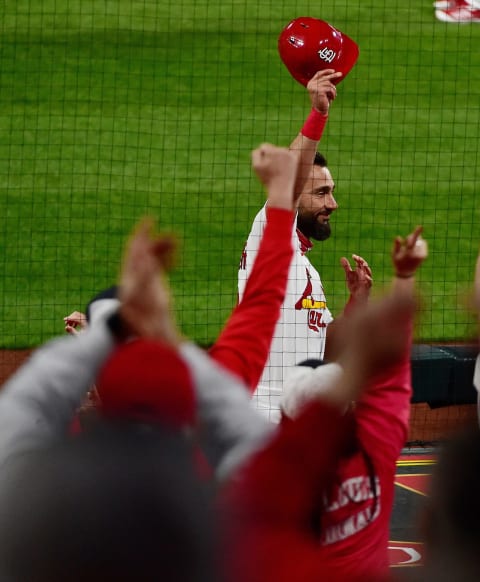 Apr 13, 2021; St. Louis, Missouri, USA; St. Louis Cardinals second baseman Matt Carpenter (13) receives a curtain call from the fans after hitting a two run home run during the third inning against the Washington Nationals at Busch Stadium. Mandatory Credit: Jeff Curry-USA TODAY Sports