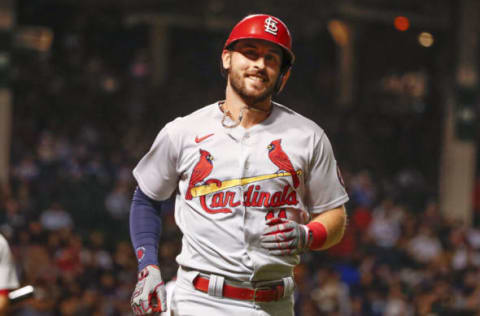 Sep 24, 2021; Chicago, Illinois, USA; St. Louis Cardinals shortstop Paul DeJong (11) smiles after hitting a solo home run against the Chicago Cubs during the third inning of game 2 of a doubleheader at Wrigley Field. Mandatory Credit: Kamil Krzaczynski-USA TODAY Sports