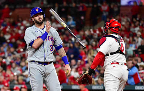 Apr 25, 2022; St. Louis, Missouri, USA; New York Mets catcher Tomas Nido (3) flips his bat after striking out against the St. Louis Cardinals during the seventh inning at Busch Stadium. Mandatory Credit: Jeff Curry-USA TODAY Sports