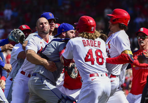 Benches clear as St. Louis Cardinals designated hitter Nolan Arenado (28) reacts with New York Mets catcher Tomas Nido (3) and relief pitcher Yoan Lopez (44) after a high and tight pitch during the eighth inning at Busch Stadium. Arenado was ejected from the game. Mandatory Credit: Jeff Curry-USA TODAY Sports