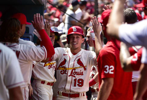 May 14, 2022; St. Louis, Missouri, USA; St. Louis Cardinals second baseman Tommy Edman (19) is congratulated by teammates after hitting a solo home run against the San Francisco Giants during the fifth inning at Busch Stadium. Mandatory Credit: Jeff Curry-USA TODAY Sports