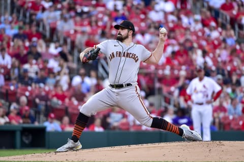 May 15, 2022; St. Louis, Missouri, USA; San Francisco Giants starting pitcher Carlos Rodon (16) pitches against the St. Louis Cardinals during the first inning at Busch Stadium. Mandatory Credit: Jeff Curry-USA TODAY Sports