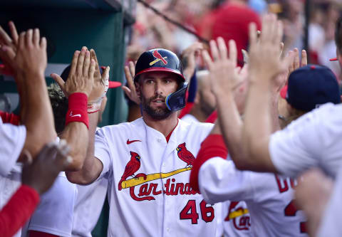 May 15, 2022; St. Louis, Missouri, USA; St. Louis Cardinals first baseman Paul Goldschmidt (46) is congratulated by teammates after hitting a two run home run against the San Francisco Giants during the first inning at Busch Stadium. Mandatory Credit: Jeff Curry-USA TODAY Sports