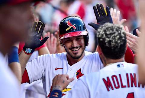 May 15, 2022; St. Louis, Missouri, USA; St. Louis Cardinals third baseman Nolan Arenado (28) celebrates with teammates after hitting a two run home run against the San Francisco Giants during the fourth inning at Busch Stadium. Mandatory Credit: Jeff Curry-USA TODAY Sports