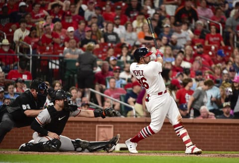 May 15, 2022; St. Louis, Missouri, USA; St. Louis Cardinals left fielder Juan Yepez (36) hits a single against the San Francisco Giants during the sixth inning at Busch Stadium. Mandatory Credit: Jeff Curry-USA TODAY Sports