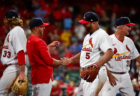 May 15, 2022; St. Louis, Missouri, USA; St. Louis Cardinals relief pitcher Albert Pujols (5) celebrates with manager Oliver Marmol (37) after the Cardinals defeated the San Francisco Giants at Busch Stadium. Mandatory Credit: Jeff Curry-USA TODAY Sports