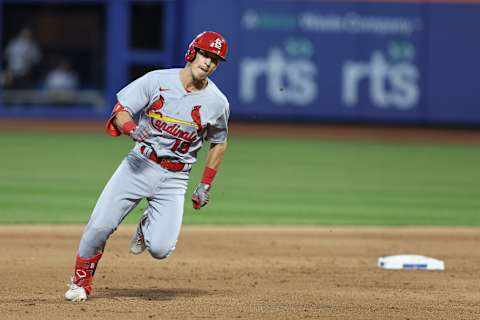 May 17, 2022; New York City, New York, USA; St. Louis Cardinals second baseman Tommy Edman (19) rounds second base during his RBI triple during the fifth inning against the New York Mets at Citi Field. Mandatory Credit: Vincent Carchietta-USA TODAY Sports