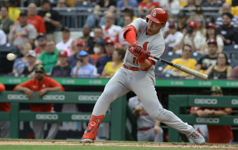 May 20, 2022; Pittsburgh, Pennsylvania, USA; St. Louis Cardinals second baseman Nolan Gorman (16) hits a single in his first major league at bat against the Pittsburgh Pirates during the second inning at PNC Park. Mandatory Credit: Charles LeClaire-USA TODAY Sports