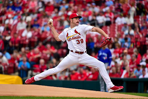 May 23, 2022; St. Louis, Missouri, USA; St. Louis Cardinals starting pitcher Miles Mikolas (39) pitches against the Toronto Blue Jays during the first inning at Busch Stadium. Mandatory Credit: Jeff Curry-USA TODAY Sports