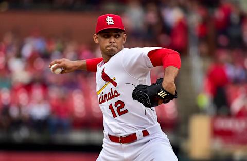 May 24, 2022; St. Louis, Missouri, USA; St. Louis Cardinals starting pitcher Jordan Hicks (12) pitches against the Toronto Blue Jays during the first inning at Busch Stadium. Mandatory Credit: Jeff Curry-USA TODAY Sports