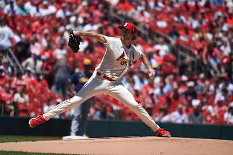 May 28, 2022; St. Louis, Missouri, USA; St. Louis Cardinals starting pitcher Matthew Liberatore (52) pitches against the Milwaukee Brewers during the first inning at Busch Stadium. Mandatory Credit: Joe Puetz-USA TODAY Sports