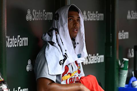 Jun 4, 2022; Chicago, Illinois, USA; St. Louis Cardinals starting pitcher Johan Oviedo (59) in the dugout against the Chicago Cubs during the fifth inning at Wrigley Field. Mandatory Credit: Matt Marton-USA TODAY Sports