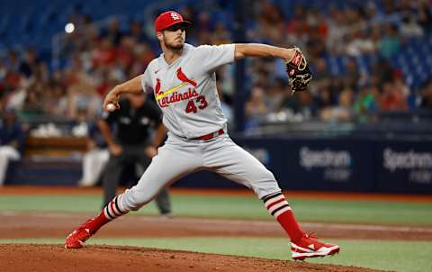 Jun 7, 2022; St. Petersburg, Florida, USA; St. Louis Cardinals starting pitcher Dakota Hudson (43) throws a pitch during the second inning against the Tampa Bay Rays at Tropicana Field. Mandatory Credit: Kim Klement-USA TODAY Sports