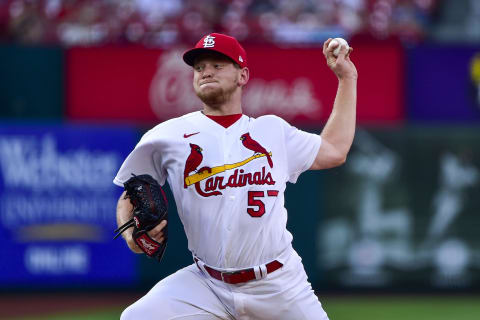 Jun 13, 2022; St. Louis, Missouri, USA; St. Louis Cardinals starting pitcher Zack Thompson (57) pitches against the Pittsburgh Pirates during the second inning at Busch Stadium. Mandatory Credit: Jeff Curry-USA TODAY Sports