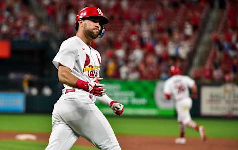 Jun 13, 2022; St. Louis, Missouri, USA; St. Louis Cardinals center fielder Dylan Carlson (3) reacts after hitting a game tying three run home run against the Pittsburgh Pirates during the sixth inning at Busch Stadium. Mandatory Credit: Jeff Curry-USA TODAY Sports