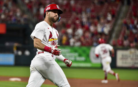 Jun 13, 2022; St. Louis, Missouri, USA; St. Louis Cardinals center fielder Dylan Carlson (3) reacts after hitting a game tying three run home run against the Pittsburgh Pirates during the sixth inning at Busch Stadium. Mandatory Credit: Jeff Curry-USA TODAY Sports