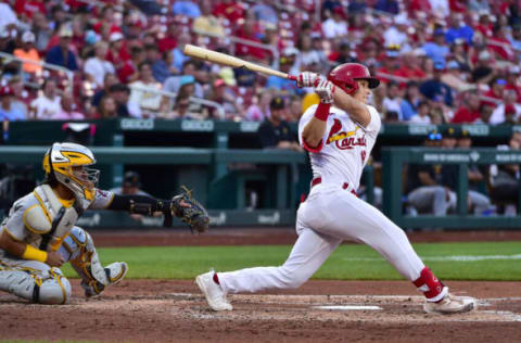 Tommy Edman (19) hits a single against the Pittsburgh Pirates during the second inning at Busch Stadium. Mandatory Credit: Jeff Curry-USA TODAY Sports