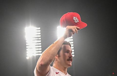 Jun 14, 2022; St. Louis, Missouri, USA; St. Louis Cardinals starting pitcher Miles Mikolas (39) salutes the fans after pitching 8 2/3 inning and giving up one hit in a victory over the Pittsburgh Pirates at Busch Stadium. Mandatory Credit: Jeff Curry-USA TODAY Sports