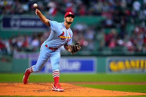 Jun 18, 2022; Boston, Massachusetts, USA; St. Louis Cardinals pitcher Dakota Hudson (43) deliver against the Boston Red Sox during the first inning at Fenway Park. Mandatory Credit: Gregory Fisher-USA TODAY Sports