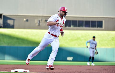 Jun 27, 2022; St. Louis, Missouri, USA; St. Louis Cardinals first baseman Paul Goldschmidt (46) runs the bases after hitting a solo home run against the Miami Marlins during the first inning at Busch Stadium. Mandatory Credit: Jeff Curry-USA TODAY Sports