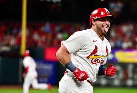 Jun 27, 2022; St. Louis, Missouri, USA; St. Louis Cardinals designated hitter Juan Yepez (36) reacts after hitting his second home run of the game a two run home run against the Miami Marlins during the sixth inning at Busch Stadium. Mandatory Credit: Jeff Curry-USA TODAY Sports