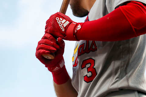 Jul 22, 2022; Cincinnati, Ohio, USA; St. Louis Cardinals center fielder Dylan Carlson (3) prepares on deck during the fifth inning against the Cincinnati Reds at Great American Ball Park. Mandatory Credit: Katie Stratman-USA TODAY Sports