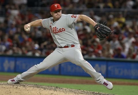 Jul 30, 2022; Pittsburgh, Pennsylvania, USA; Philadelphia Phillies relief pitcher Corey Knebel (23) pitches against the Pittsburgh Pirates during the tenth inning at PNC Park. The Phillies won 2-1 in 10 innings. Mandatory Credit: Charles LeClaire-USA TODAY Sports