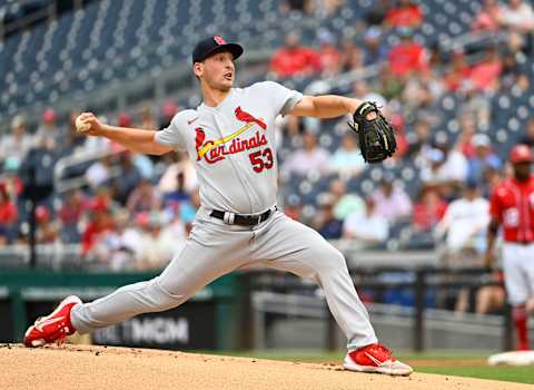 Jul 31, 2022; Washington, District of Columbia, USA; St. Louis Cardinals starting pitcher Andre Pallante (53) throws to the Washington Nationals during the first inning at Nationals Park. Mandatory Credit: Brad Mills-USA TODAY Sports