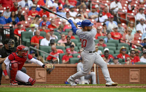 Aug 4, 2022; St. Louis, Missouri, USA; Chicago Cubs catcher Willson Contreras (40) hits a double against the St. Louis Cardinals during the sixth inning at Busch Stadium. Mandatory Credit: Jeff Curry-USA TODAY Sports