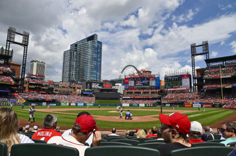 Aug 7, 2022; St. Louis, Missouri, USA; A general view of Busch Stadium as St. Louis Cardinals starting pitcher Adam Wainwright (50) pitches to New York Yankees first baseman DJ LeMahieu (26) during the fourth inning. Mandatory Credit: Jeff Curry-USA TODAY Sports