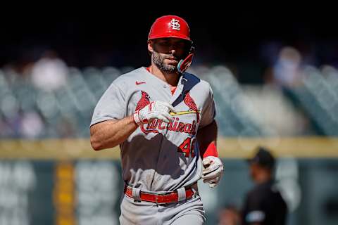 Aug 11, 2022; Denver, Colorado, USA; St. Louis Cardinals first baseman Paul Goldschmidt (46) rounds the bases on a two run home run in the eighth inning against the Colorado Rockies at Coors Field. Mandatory Credit: Isaiah J. Downing-USA TODAY Sports